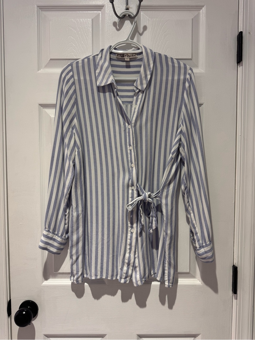 Gypsies & Moondust Blue and White Striped Button-Down Shirt with Side Tie